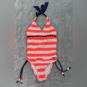Girls Justice One 1 Piece Bathing Suit Swimsuit Coral/pink Stripe Size 7